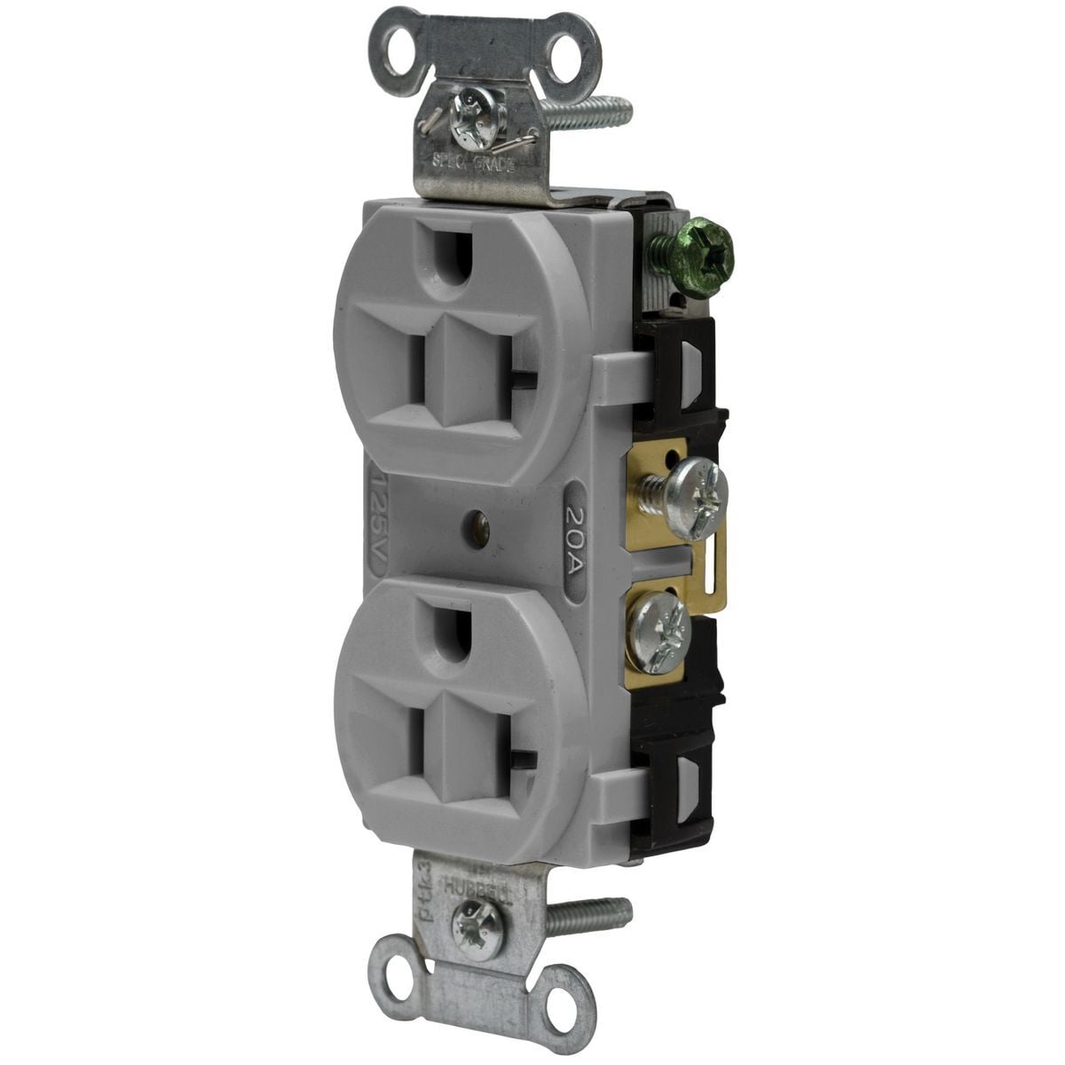 5362AG 1-Phase Duplex Heavy Duty Self-Grounding Standard Straight Blade Receptacle, 125 V, 20 A, 2 Poles, 3 Wires, Gray