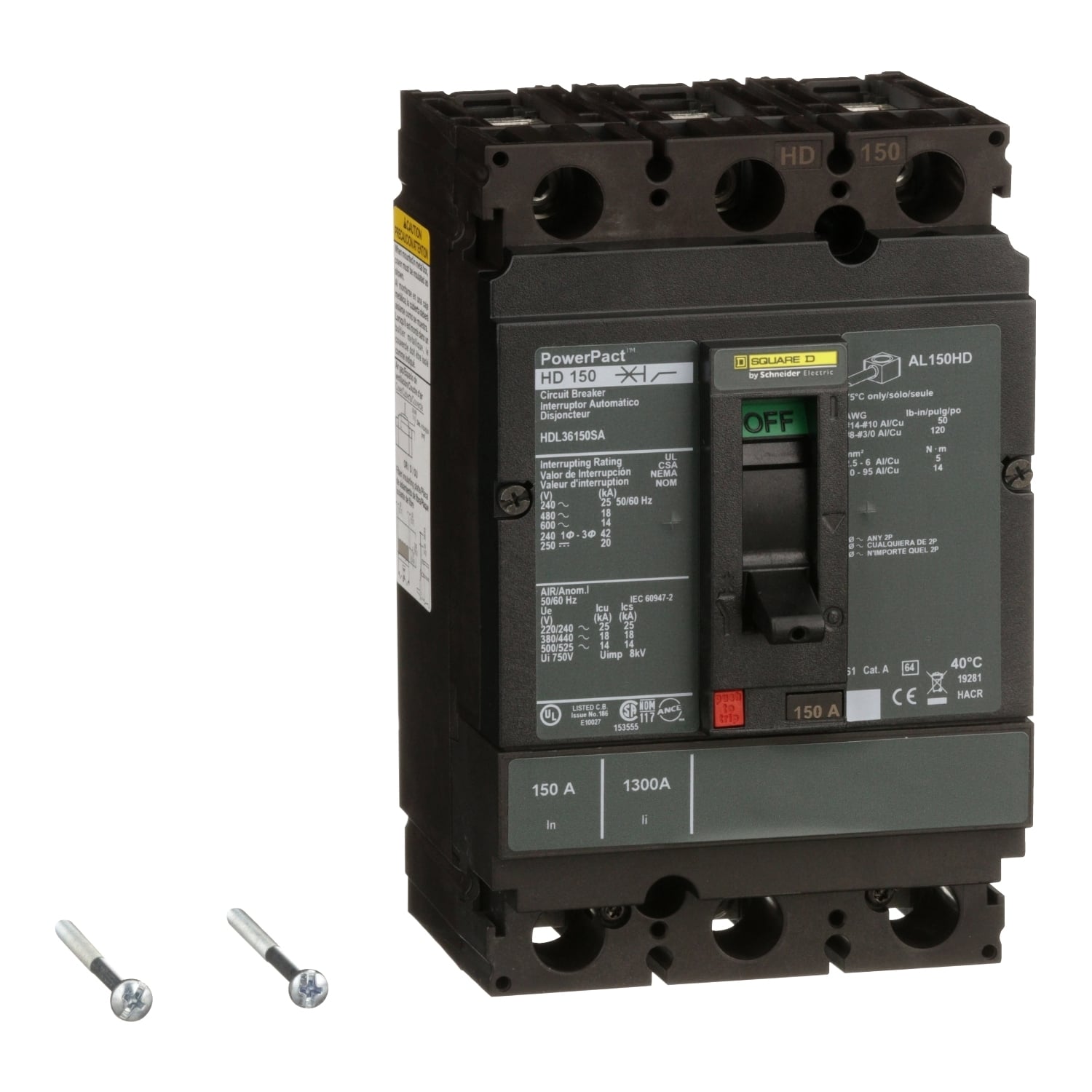 HDL36150SA I-Line PowerPact H Type HDL Molded Case Circuit Breaker, 600 VAC, 250 VDC, 150 A, 18/14/20/25 kA Interrupt, 3 Poles, Thermal Magnetic Trip