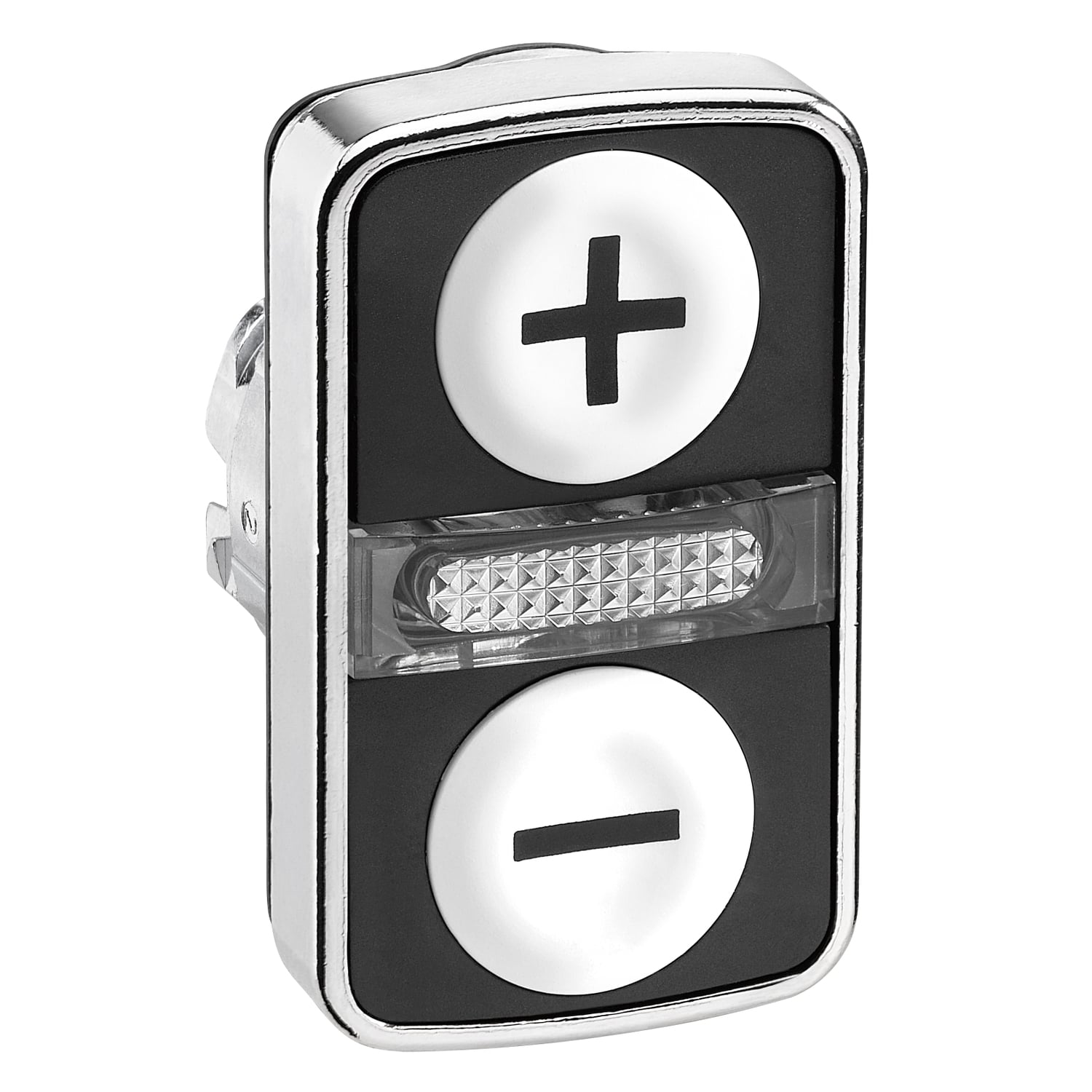 ZB4BW7A1715 ZB4 Series Head For Illuminated Double-Headed Push-Button, 1.97 in H x 1.18 in W x 1.18 in D x 0.87 in Dia, Rectangular shape, Chromium plated metal, White