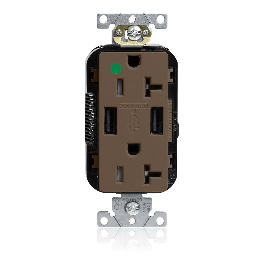 M58AA-HG Decora Lev-Lok Duplex Heavy Duty Tamper-Resistant Combination USB Receptacle, 125 V AC, 20 A, 2 Poles, 3 Wires, Brown