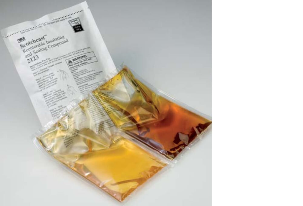 7000006197 2123 Re-Enterable Electrical Resin, 21.2 oz Container Size D/2-Part Pouch Container, Amber/Clear/Transparent, Liquid Form, Specific Gravity: Part A: 0.89/Part B: 0.94