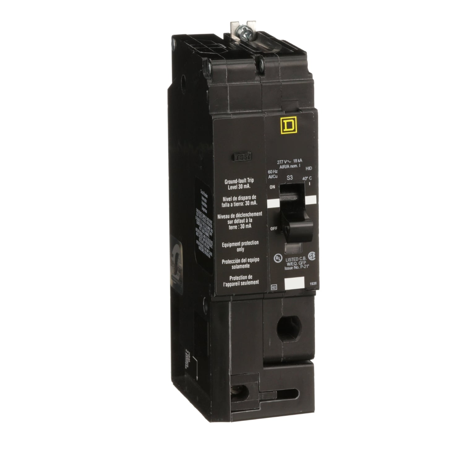 EDB14015EPD Type EDB Class B Miniature Ground Fault Miniature Circuit Breaker, 277 V AC, 15 A, 18 kA at 120/240/277 V AC, 25 kA at 120 V AC Interrupt, 1 Poles, Thermal Magnetic Trip