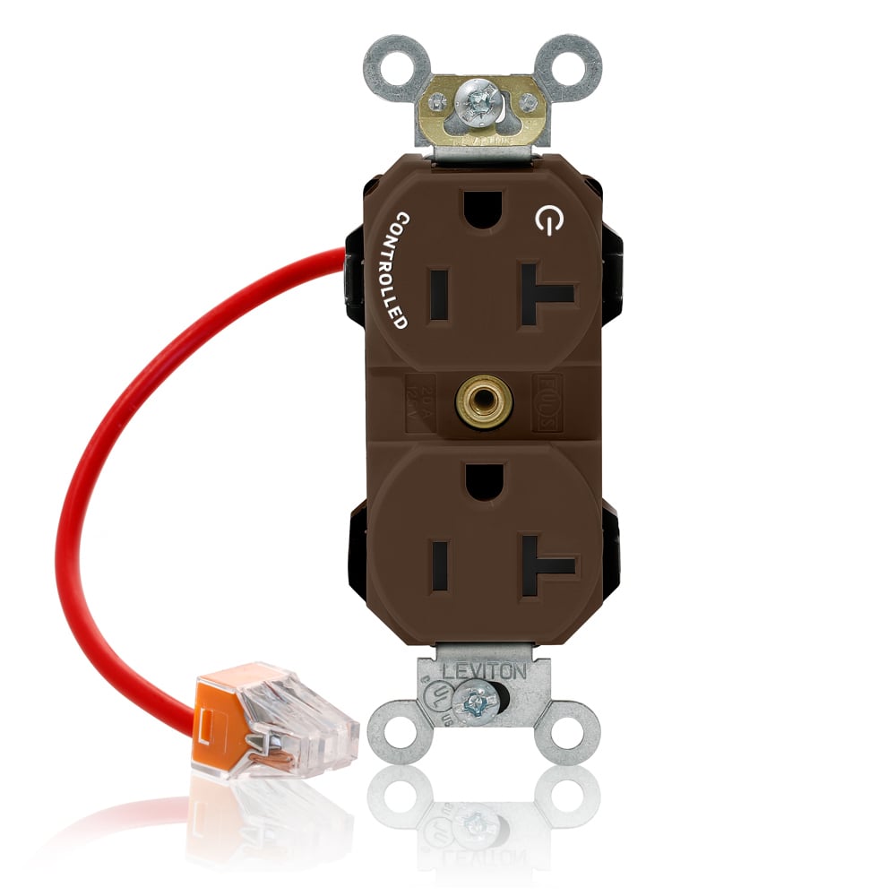 M5362-1C Lev-Lok Duplex Heavy Duty Self-Grounding Smooth Face Standard Straight Blade Receptacle, 125 V AC, 20 A, 2 Poles, 3 Wires, Brown