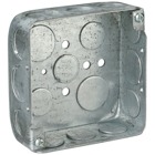 Square Box, 21 Cubic Inches, 4 Inch Square x 1-1/2 Inch Deep, 1/2 Inch and 3/4 Inch Knockouts, Pre-Galvanized Steel, with 10-1/2 Inch #12 AWG Solid Ground Wire Pigtail, For use with Conduit