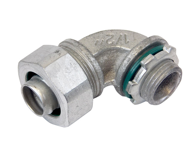 LTQ12590KON Connector Liquid Tight Fitter, 1.25 in Trade, 90 deg, Malleable Iron, Zinc Plated