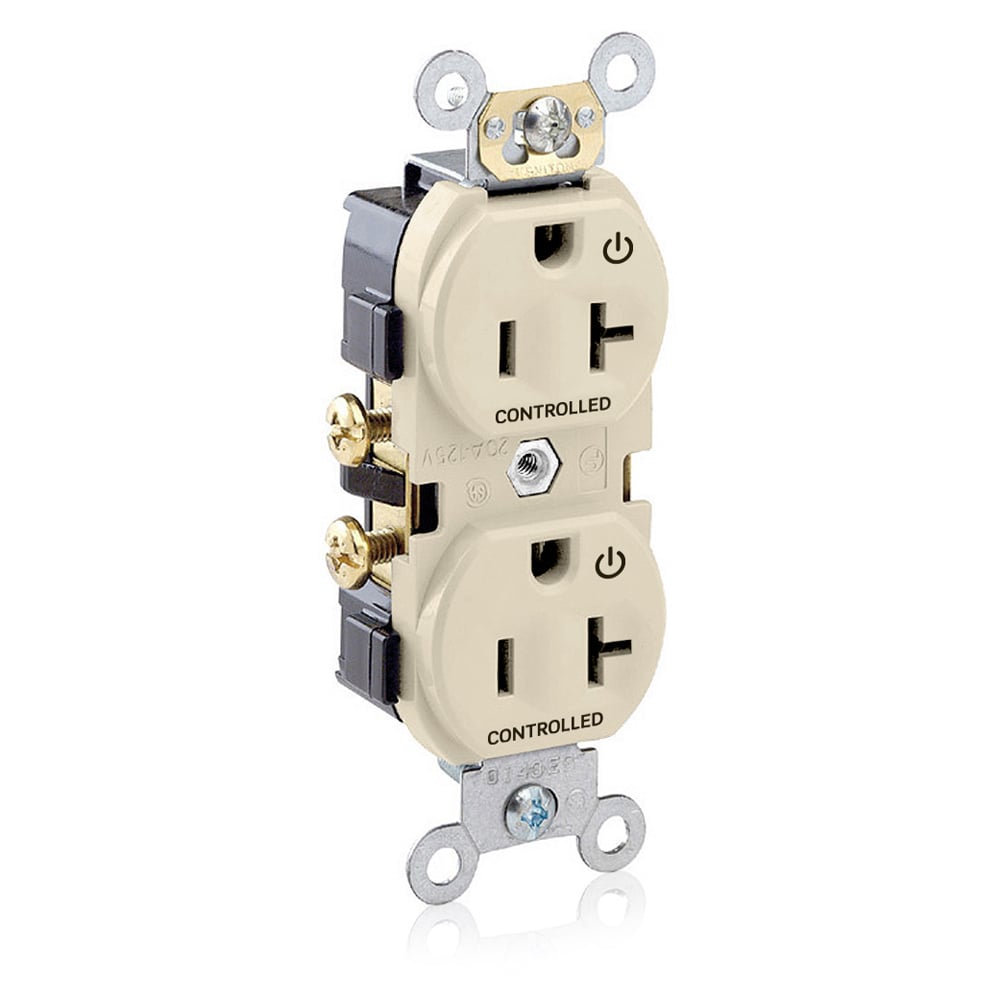 CR020-2PI Self Grounding Straight Blade Duplex Receptacle, 125 V AC, 20 A, 2 Poles, 3 Wires, Ivory