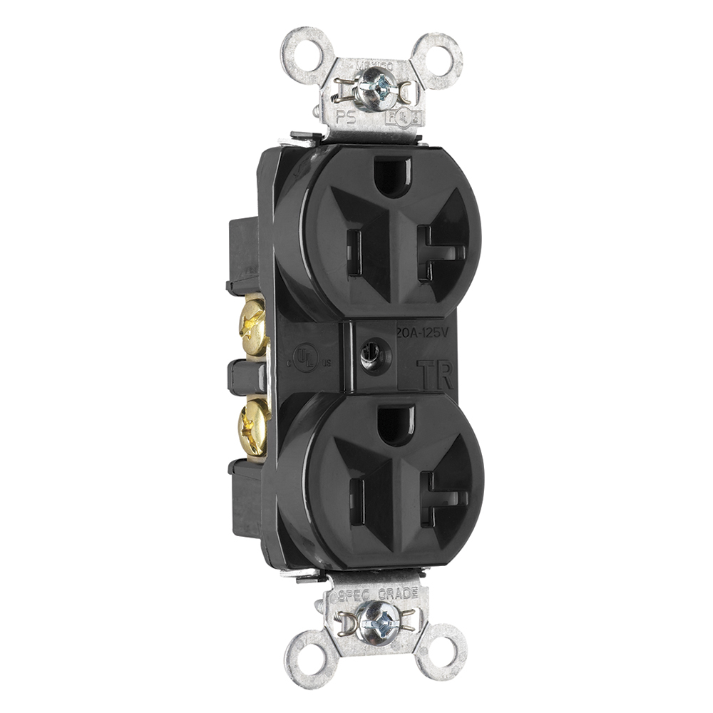 TR5362BK 20 Amp 125V Construction Spec-Grade Duplex Receptacle, Back and Side Wire, Black