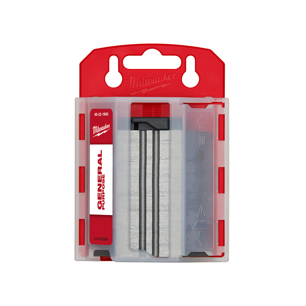 48-22-1900 100-Piece General Purpose Utility Blade With Dispenser, Micro Carbide Metal, Sharp Point/Straight Edge, 2-3/8 in L x 3/4 in W Blade, Compatible With: Most Standard Utility Knives, 0.025 in THK