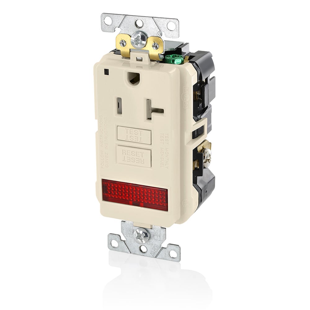 GFPL2-PLI SmartlockPro Slim Extra Heavy Duty Single Self-Test Tamper Resistant GFCI Receptacle With LED Pilot Light, 20 A, 125 V AC, 1 hp, 2 Poles, 3 Wires, 14 to 10 AWG Wire