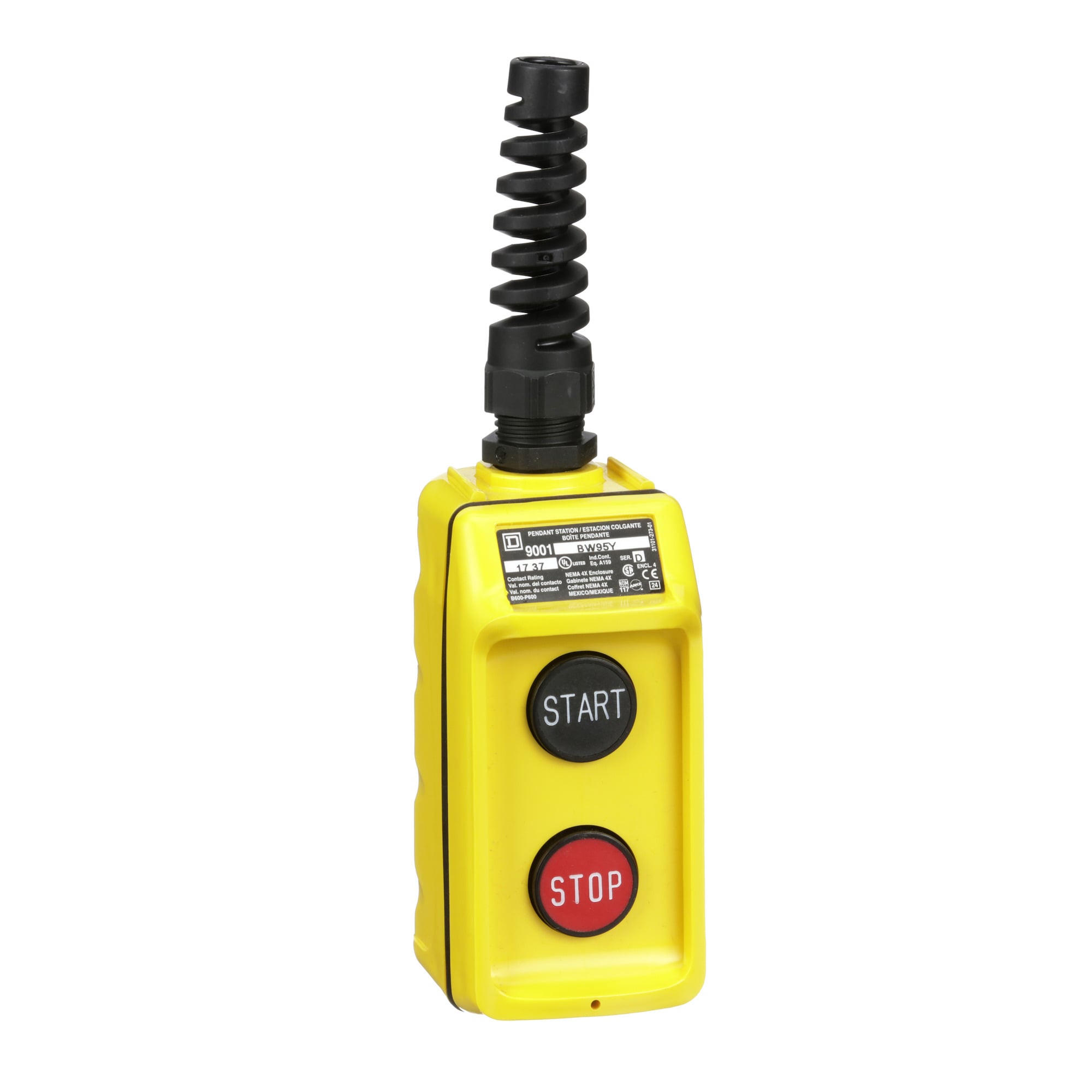 9001BW95Y Harmony Type BW Pendant Control Station, 600 V AC, 5 A, 1NO-1NC Contact, 2 Operators, NEMA 1/3/3R/4/4X NEMA Rating