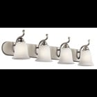 The Camerena(TM) 36in. 4 light vanity light features a traditional style with its gently curled metal accents in Brushed Nickel finish and gorgeous bell shaped white scavo glass. The Camerena(TM) vanity light works in several aesthetic environments, including traditional and modern.