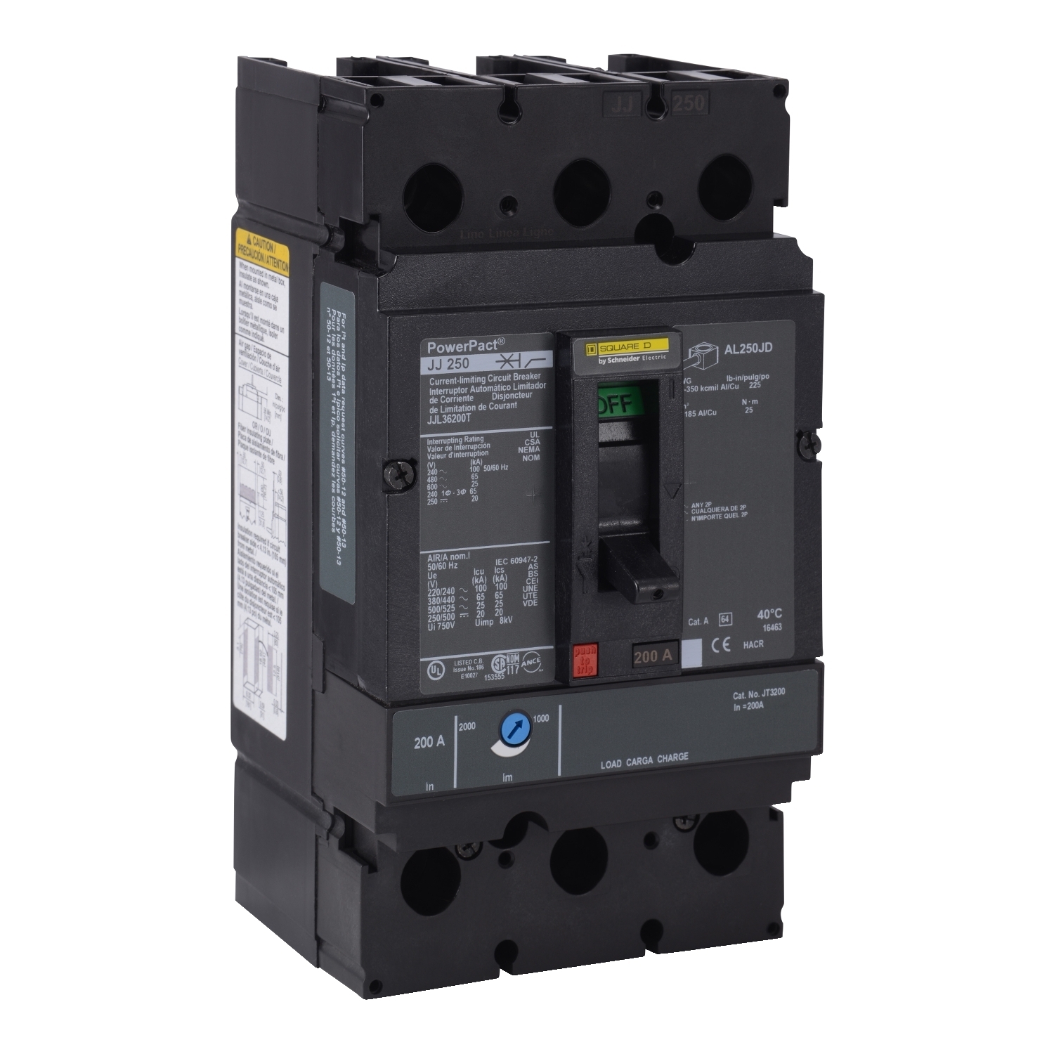 JJL36200T PowerPact Type JJL Molded Case Circuit Breaker, 600 V AC/250 V DC, 200 A, 100 kA at 240 VAC/65 kA at 480 VAC/25 kA at 600 VAC/20 kA at 250 VDC Interrupt, 3 Poles, Thermal Magnetic Trip