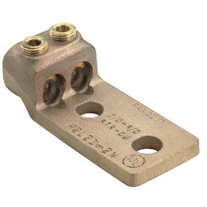 H2L21-2N-2 Pan-Lug 2-Barrel Mechanical Connector Lug, 2/0 to 4/0 AWG Stranded Copper Conductor, 1/2 in Stud, 2 Bolt Holes, Copper