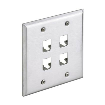 CFP4S-2GY Mini-Com PanNet Flat Vertical Faceplate, 2 Gangs, 4 Ports, Mini-Com Module, Fastened Mount, Stainless Steel