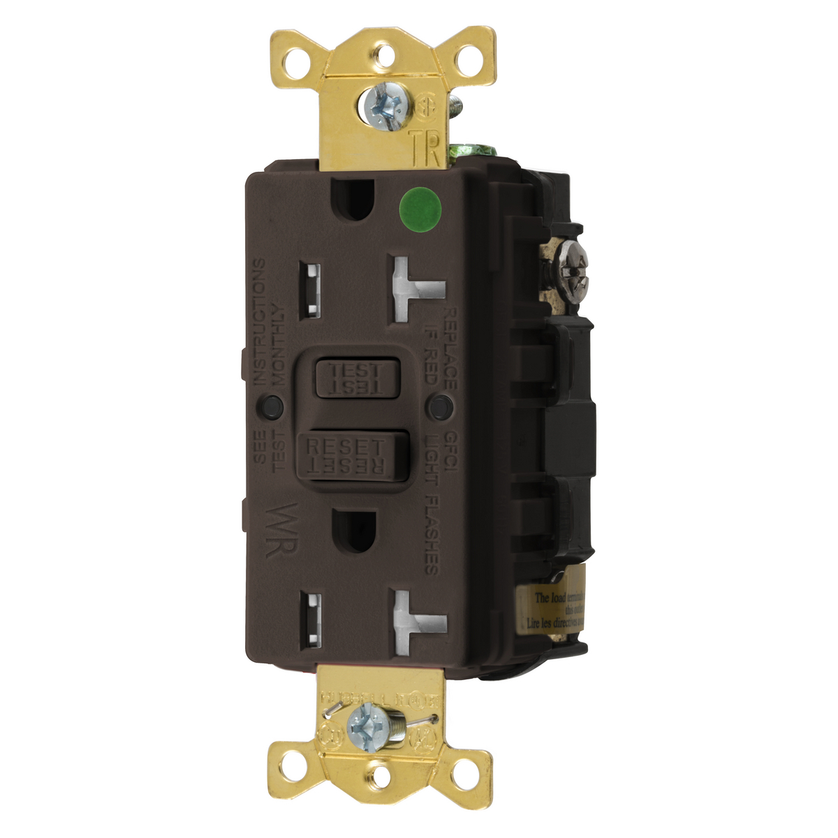 GFTWRST83 1-Phase Decorator Duplex Heavy Duty Standard Straight Blade Self-Test Tamper/Weather-Resistant Screw Mount GFCI Receptacle, 125 VAC, 20 A, 2 Poles, 3 Wires, Brown