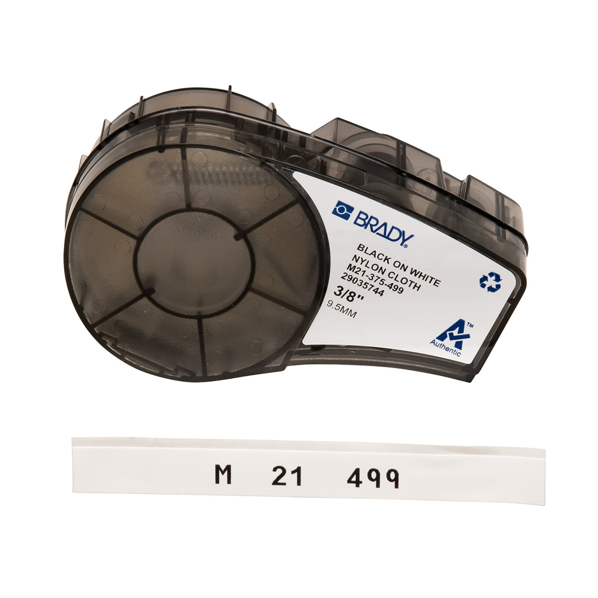 M21-375-499 BMP21 Cartridge Label, 16 ft L x 3/8 in W, Black on White, B-499 Polyamide Coated Nylon Cloth