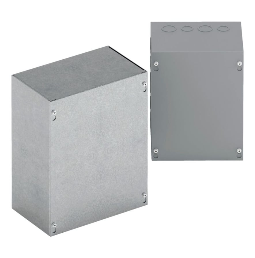 Type 1 junction boxes, 24" height, 4" length, 12" width, NEMA 1, Screw cover, SC enclosure, Surface mounted, Medium single door, 9 side knockouts,5 top-bottom knockouts, Thru holes, Carbon steel