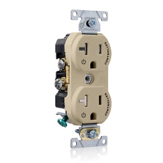 TBR20-S2I Duplex Self-Grounding Tamper Resistant Straight Blade Receptacle With 2 Plug Controlled Marking, 125 V AC, 20 A, 2 Poles, 3 Wires, Ivory