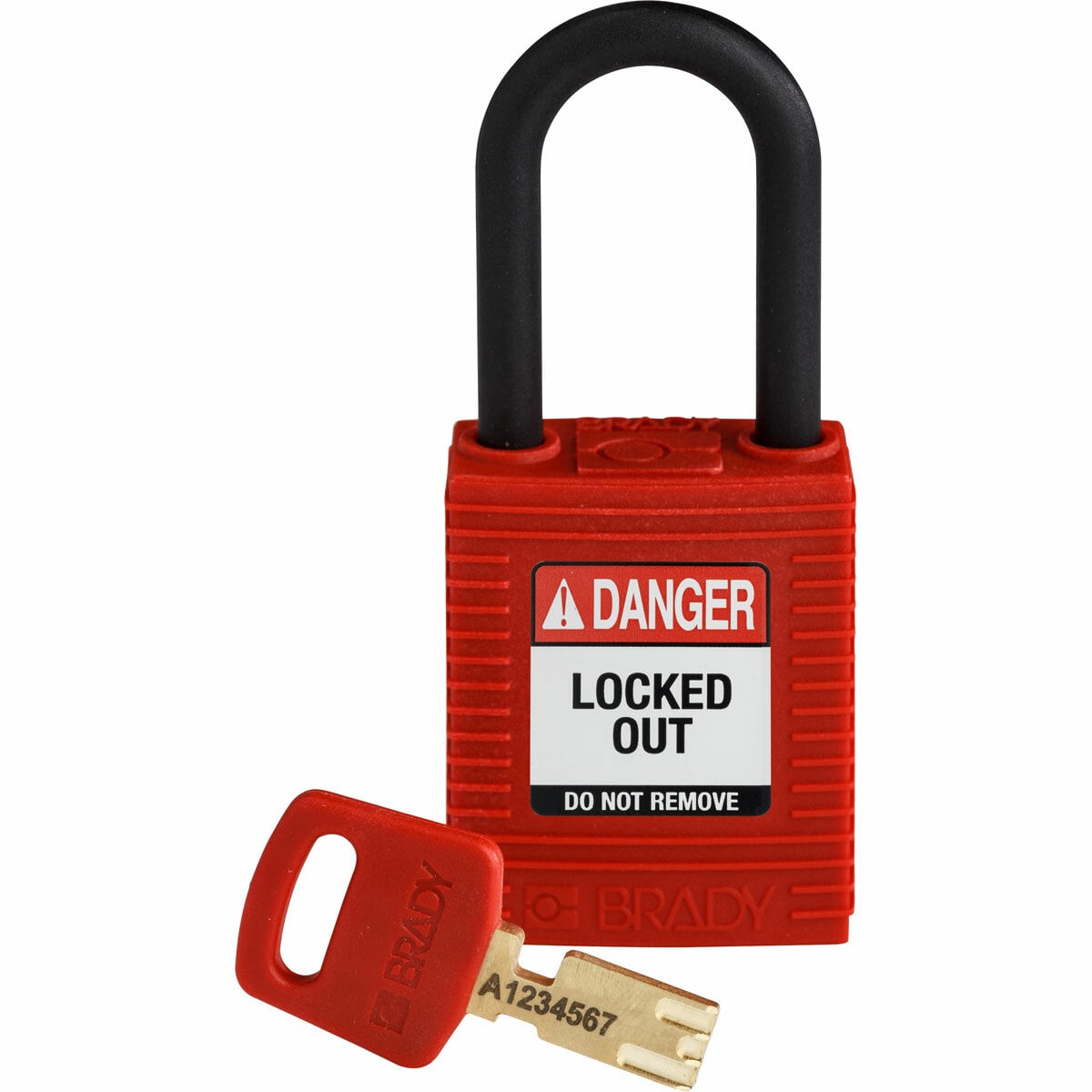 NYL-RED-38PL-KD SafeKey Standard Lockout Padlock, Different Key, Red, LOTO-101 Nylon Body, 1/4 in Dia x 1-1/2 in H x 0.8 in W Plastic Shackle, 3/4 in L Body, Non-Conductive Conductivity