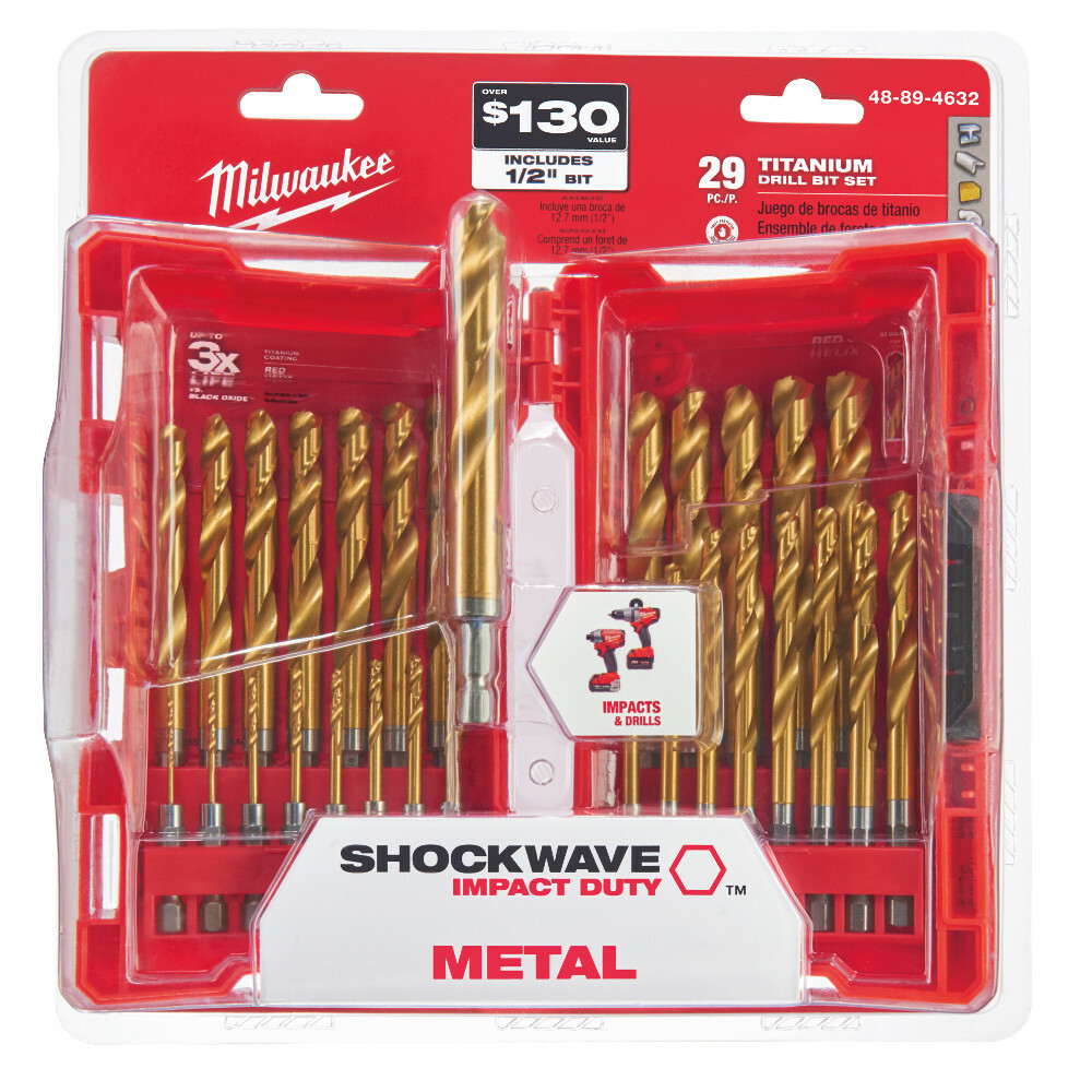 48-89-4632 Shockwave Red Helix Impact Duty Drill Bit Kit, 29 Pieces, For Use With All Drill, HSS, Titanium Coated