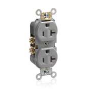 BR20-GY Duplex Indented Face Self-Grounding Standard Straight Blade Receptacle, 125 V AC, 20 A, 2 Poles, 3 Wires, Gray