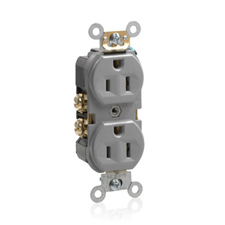BR15-GY Heavy Duty Narrow Body Straight Blade Duplex Receptacle, 125 V AC, 15 A, 2 Poles, 3 Wires, Gray