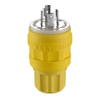 26W75 3-Phase Grounding Watertight Cable Mount Locking Plug, 250 V AC, 20 A, 3 Poles, 4 Wires, Yellow