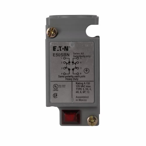 E50SBN 2-Pole Heavy Duty Plug-In Limit Switch Body, 2NO-2NC Contact, For Use With E50 Series Heavy Duty Plug-In Limit Switch, 10 A at 12 V AC, 1 A at 125 V DC Contact, NEMA 1/3/3S/4/4X/6/6P/13/IP67 Enclosure