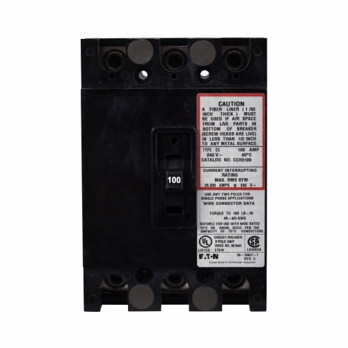 CCH3100 Type CC Enclosed Molded Case Circuit Breaker, 240 V AC, 100 A, 25 kA Interrupt, 3 Poles, Thermal Magnetic Trip
