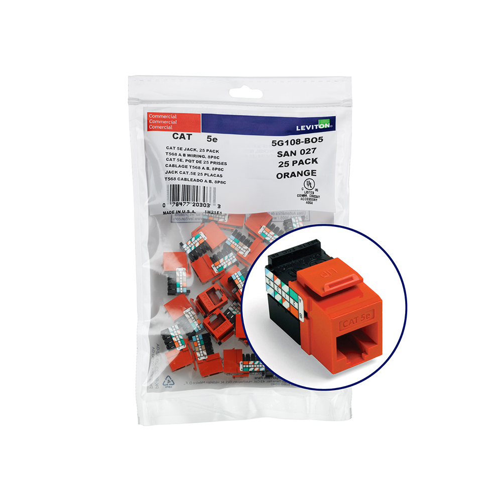 5G108-BO5 8-Conductor 8-Position UTP Connector, Cat 5e Module, Panel Mount, 1 Ports, Plastic, Orange