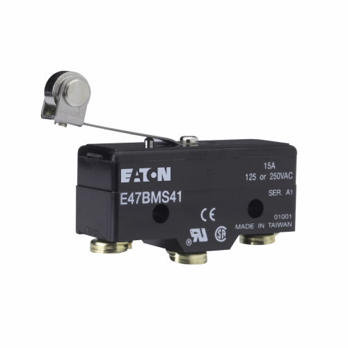 E47BMS41 Basic Precision Limit Switch, 250 V AC/30 V DC, 6/15 A, Reversed Roller Lever Actuator, 1 Form C SPDT Contact, 1 Poles