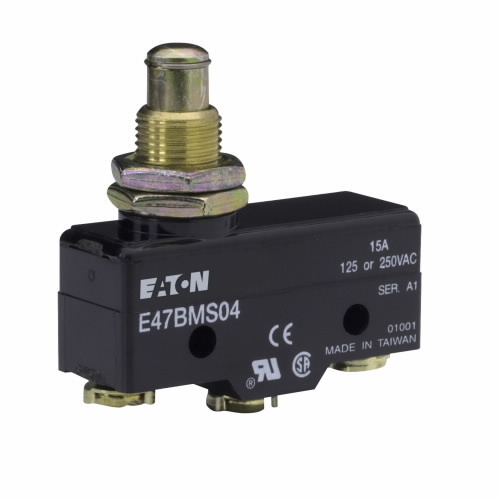 E47BMS04 Basic Precision Limit Switch, 250 V AC/30 V DC, 6/15 A, Extended Straight Plunger Actuator, 1 Form C SPDT Contact, 1 Poles