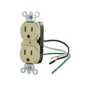 5040-I 1-Phase Duplex Heavy Duty Self-Grounding Slim Straight Blade Receptacle, 125 V AC, 15 A, 2 Poles, 3 Wires, Ivory