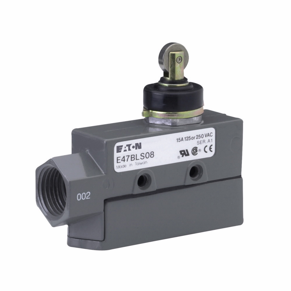 E47BLS08 Enclosed Precision Limit Switch, 250 V AC/30 V DC, 6/15 A, Booted Roller Plunger Actuator, 1 Form C SPDT Contact, 1 Poles
