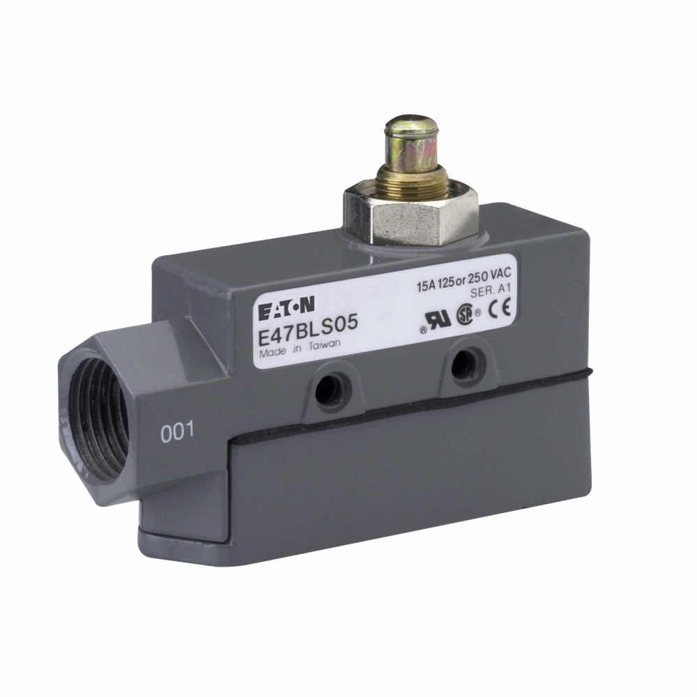 E47BLS05 Enclosed Precision Limit Switch, 250 V AC/30 V DC, 6/15 A, Plunger Actuator, 1 Form C SPDT Contact, 1 Poles