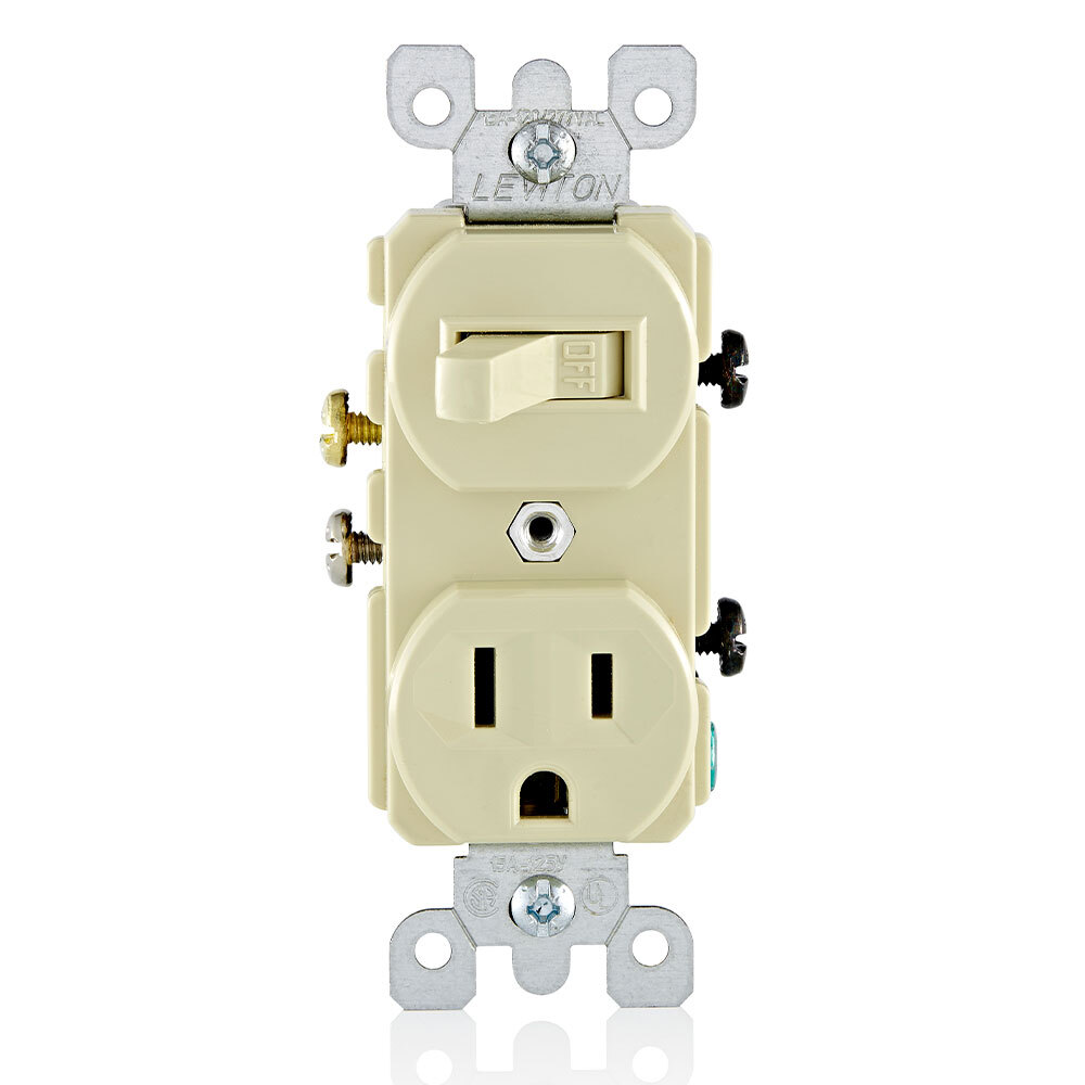 5225-I Duplex Combination Switch and Receptacle, 15 A, 120/277 V AC, 1/2 hp at 120 V AC, 2 hp at 240/277 V AC, 1 Poles, 14 to 12 AWG Wire
