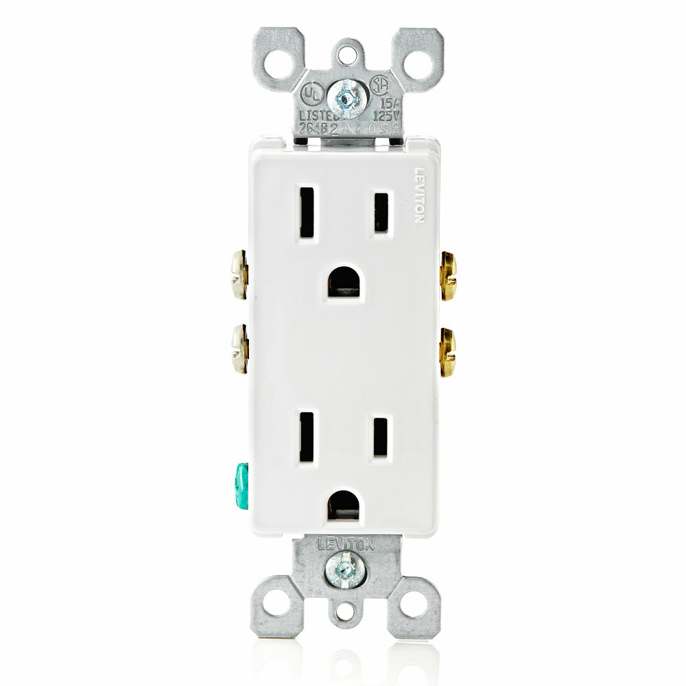 5325-W Duplex Grounding Straight Blade Receptacle, 125 V AC, 15 A, 2 Poles, 3 Wires, White
