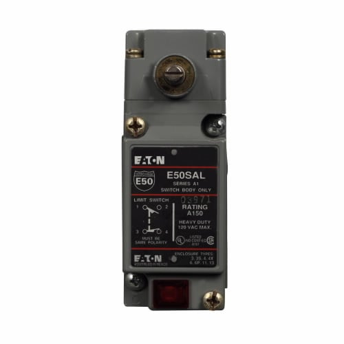 E50SAL 1-Pole Heavy Duty Plug-In Limit Switch Body, 1NO-1NC Contact, For Use With E50 Series Heavy Duty Plug-In Limit Switch, 10 A at 12 V AC, 1 A at 125 V DC Contact, NEMA 1/3/3S/4/4X/6/6P/13/IP67 Enclosure