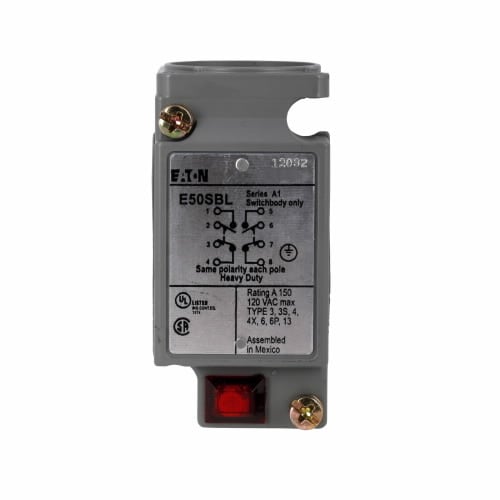 E50SBL 2-Pole Heavy Duty Plug-In Limit Switch Body, 2NO-2NC Contact, For Use With E50 Series Heavy Duty Factory Sealed 6P+ Plug-In Limit Switch, 10 A at 12 V AC, 1 A at 125 V DC Contact, NEMA 1/3/3S/4/4X/6/6P/13/IP67 Enclosure