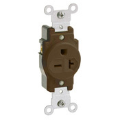 5823 1-Phase Heavy Duty Grounding Single Straight Blade Receptacle, 250 V AC, 20 A, 2 Poles, 3 Wires, Brown