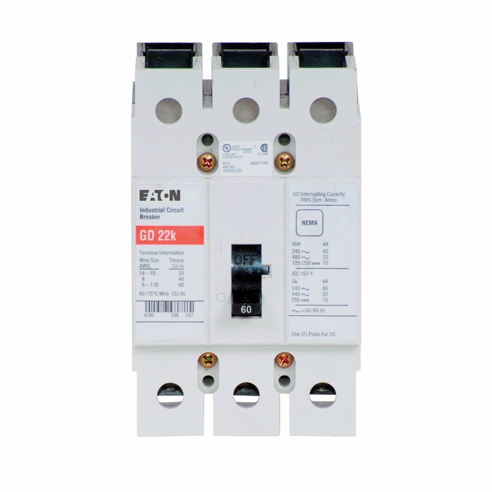GD3060G2 C Series Type GD Molded Case Circuit Breaker, 480 V AC/125/250 V DC, 60 A, 14.65 kA Interrupt, 3 Poles, Thermal Magnetic Trip