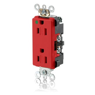 16262-SGR 1-Phase Duplex Extra Heavy Duty Self-Grounding Tamper Resistant Straight Blade Receptacle, 125 V AC, 15 A, 2 Poles, 3 Wires, Red