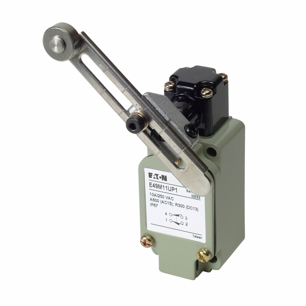 E49M11UP1 Assembled Compact Standard Limit Switch, 250 V AC/24 V DC, 1.5/10 A, Adjustable Roller Lever Actuator, 1NO-1NC Contact