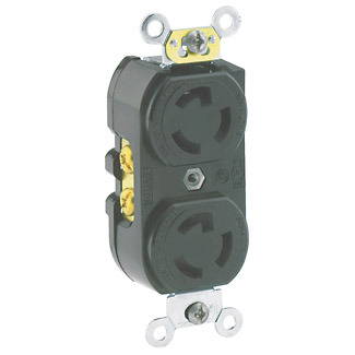 4750 Duplex Grounding Locking Receptacle, 277 V AC, 15 A, 2 Poles, 3 Wires, Black