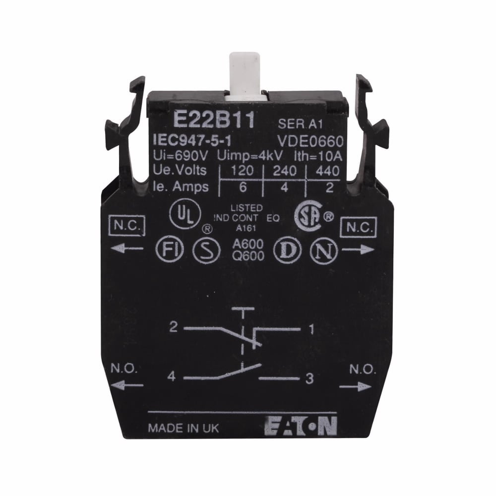 E22B20 Heavy Duty Standard Contact Block, 22.5 mm, 2NO Contact, 10 A at 600 V AC, 2.5 A at 600 V DC Contact, Silver Contact