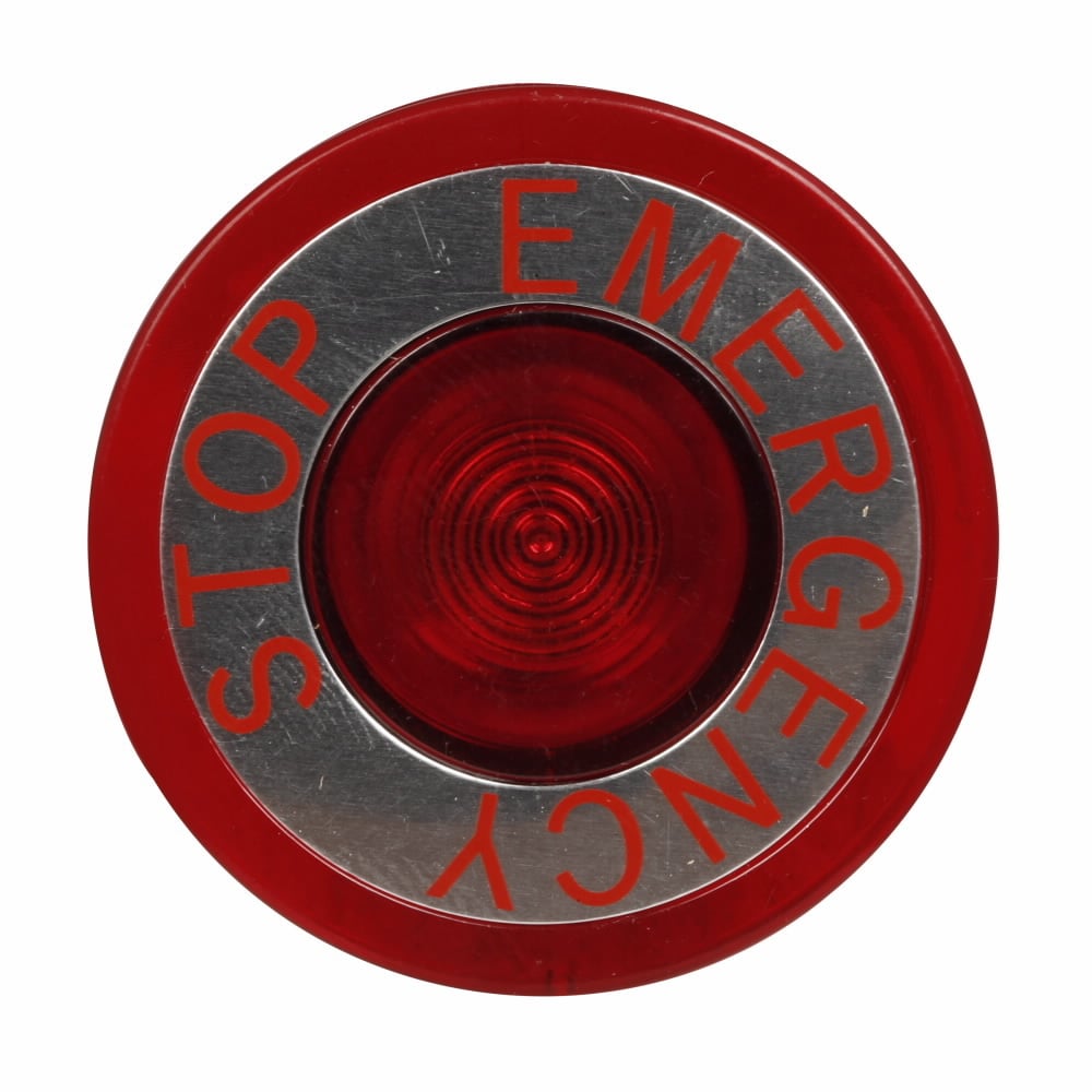 E34M2N8 Corrosion-Resistant Oiltight/Watertight Operator Lens, 40 mm, NEMA 3/3R/4/4X/12/13/IP65 NEMA Rating, Round Shape, EMERGENCY STOP Legend, Plastic