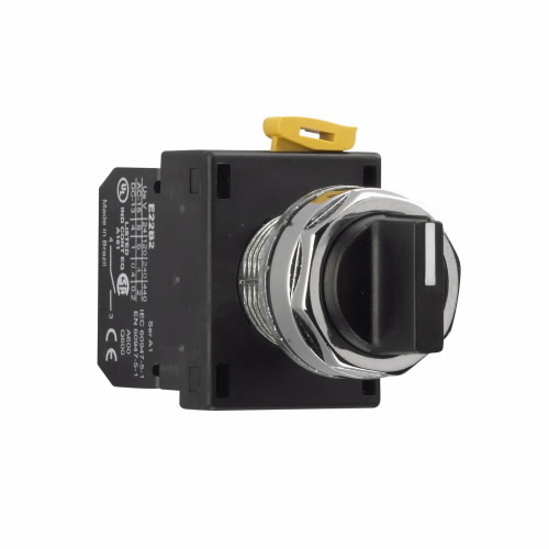 E22X51 2-Position Stayput Knob, For Use With E22 22.5 mm Non-Metallic Heavy Duty Pushbutton, Indicating Light and Non-Illuminating Selector Switch, 45 deg Throw, Cam 2, Chrome Bezel, NEMA 3/3R/4/4X/12/13 Enclosure, Black