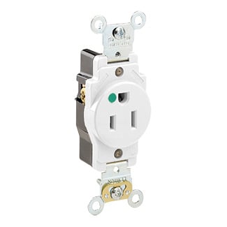 8210-W 1-Phase Extra Heavy Duty Single Straight Blade Receptacle, 125 V AC, 15 A, 2 Poles, 3 Wires, White