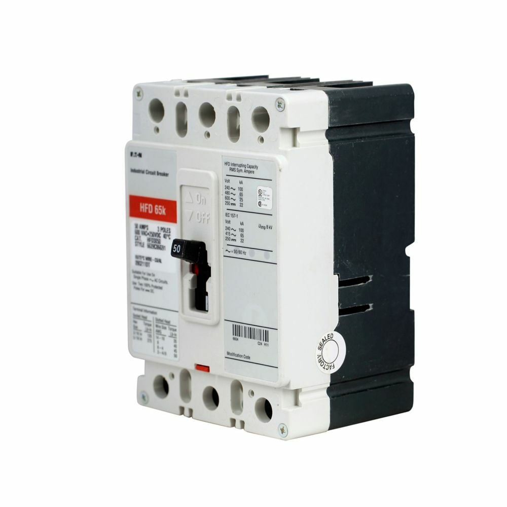 HFD3150S05 C Series Type HFD Molded Case Circuit Breaker, 600 V AC/250 V DC, 150 A, 100 kAIC at 240 VAC/65 kAIC at 480 VAC Interrupt, 3 Poles, Thermal Magnetic Trip