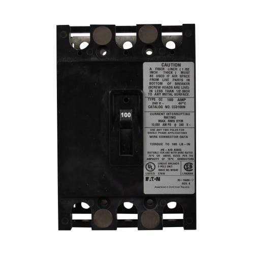 CC3100N Type CC Molded Case Circuit Breaker, 240 V AC, 100 A, 10 kA Interrupt, 3 Poles, Thermal Magnetic Trip
